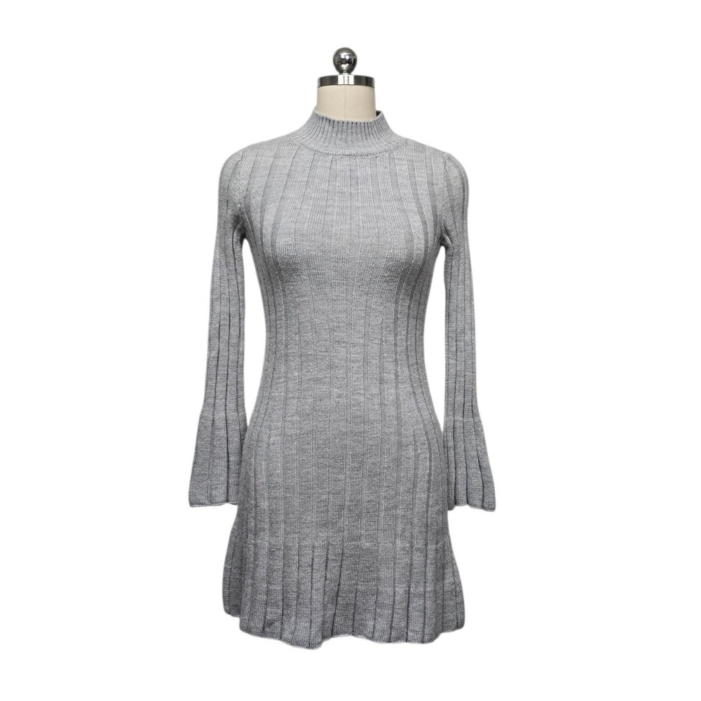 Anthropologie‎ Gray Ribbed Knit Mock Neck Mini Dress Long Sleeve Size XS